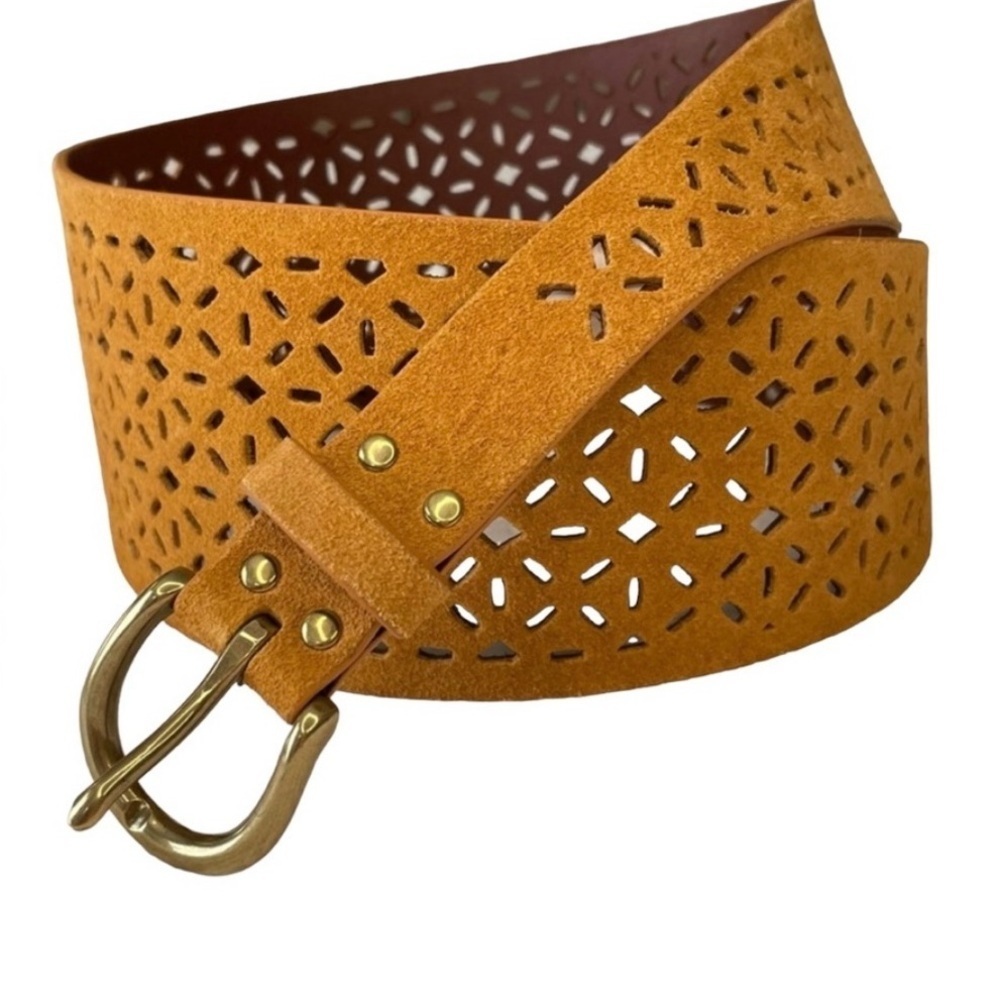 Anthropologie Tapered Eyelet Laser-cut Suede Leather Belt Mustard Gold